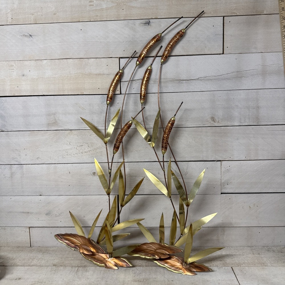 2-MCM 60's 70's Cattails Reeds Waterlily Copper Brass Wall Art Hanging